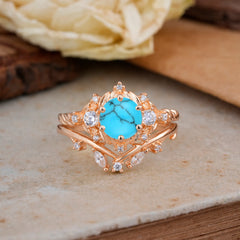Fashion-Exquisite 6-Prong Round-Cut Turquoise Engagement Ring Set
