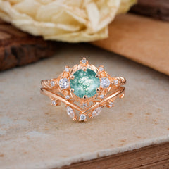 Fashion-Exquisite 6-Prong Round-Cut Natural Moss Agate Engagement Ring Set
