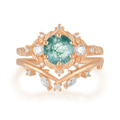 Fashion-Exquisite 6-Prong Round-Cut Natural Moss Agate Engagement Ring Set