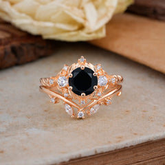 Fashion-Exquisite 6-Prong Round-Cut Natural Black Onyx Engagement Ring Set