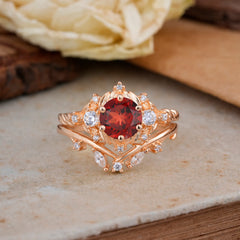 Fashion-Exquisite 6-Prong Round-Cut Natural Garnet Engagement Ring Set
