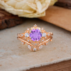 Fashion-Exquisite 6-Prong Round-Cut Natural Amethyst Engagement Ring Set