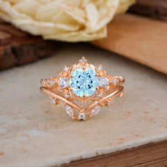 Fashion-Exquisite 6-Prong Round-Cut Aquamarine Engagement Ring Set