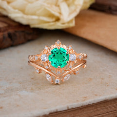Fashion-Exquisite 6-Prong Round-Cut Emerald Engagement Ring Set