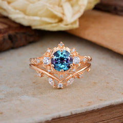 Fashion-Exquisite 6-Prong Round-Cut Alexandrite Engagement Ring Set