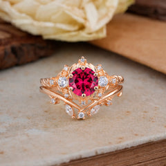 Fashion-Exquisite 6-Prong Round-Cut Ruby Engagement Ring Set