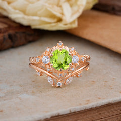 Fashion-Exquisite 6-Prong Round-Cut Natural Peridot Engagement Ring Set