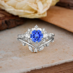 Fashion-Exquisite 6-Prong Round-Cut Sapphire Engagement Ring Set