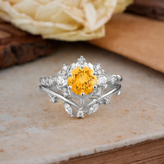 Fashion-Exquisite 6-Prong Round-Cut Natural Citrine Engagement Ring Set