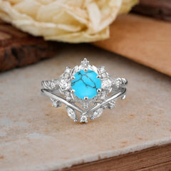 Fashion-Exquisite 6-Prong Round-Cut Turquoise Engagement Ring Set