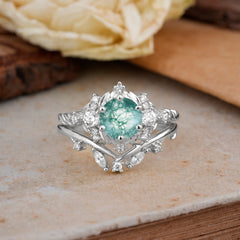Fashion-Exquisite 6-Prong Round-Cut Natural Moss Agate Engagement Ring Set