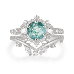 Fashion-Exquisite 6-Prong Round-Cut Natural Moss Agate Engagement Ring Set