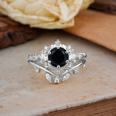 Fashion-Exquisite 6-Prong Round-Cut Natural Black Onyx Engagement Ring Set