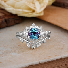 Fashion-Exquisite 6-Prong Round-Cut Alexandrite Engagement Ring Set