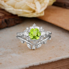 Fashion-Exquisite 6-Prong Round-Cut Natural Peridot Engagement Ring Set