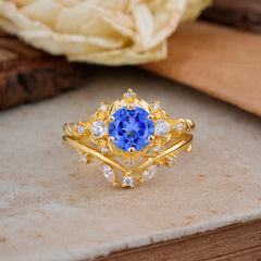 Fashion-Exquisite 6-Prong Round-Cut Sapphire Engagement Ring Set