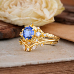 Fashion-Exquisite 6-Prong Round-Cut Sapphire Engagement Ring Set