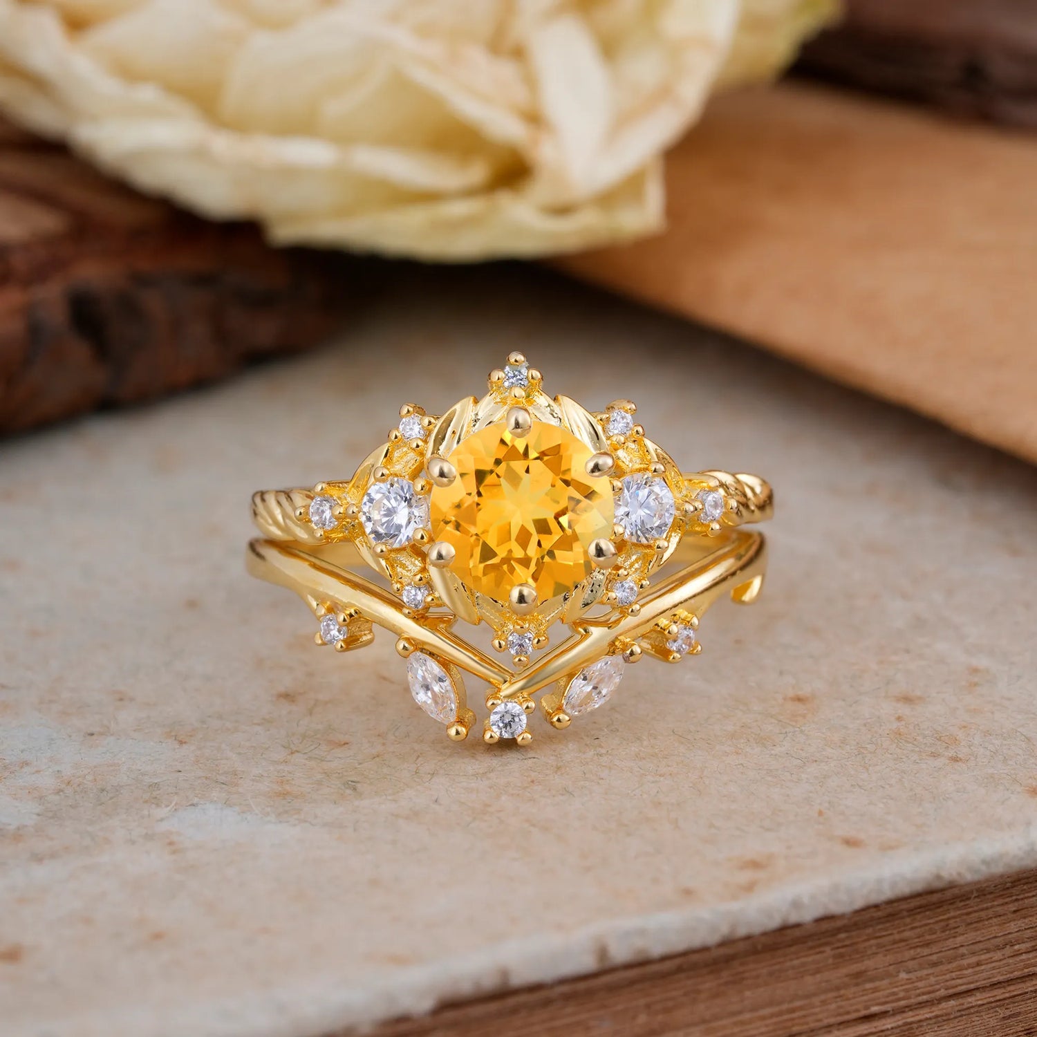 Fashion-Exquisite 6-Prong Round-Cut Natural Citrine Bridal Ring Set