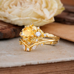Fashion-Exquisite 6-Prong Round-Cut Natural Citrine Engagement Ring Set