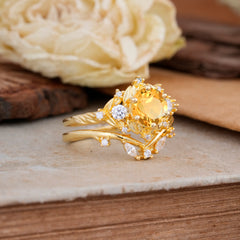 Fashion-Exquisite 6-Prong Round-Cut Natural Citrine Engagement Ring Set