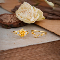 Fashion-Exquisite 6-Prong Round-Cut Natural Citrine Engagement Ring Set