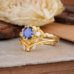 Fashion-Exquisite 6-Prong Round-Cut Natural Tanzanite Engagement Ring Set