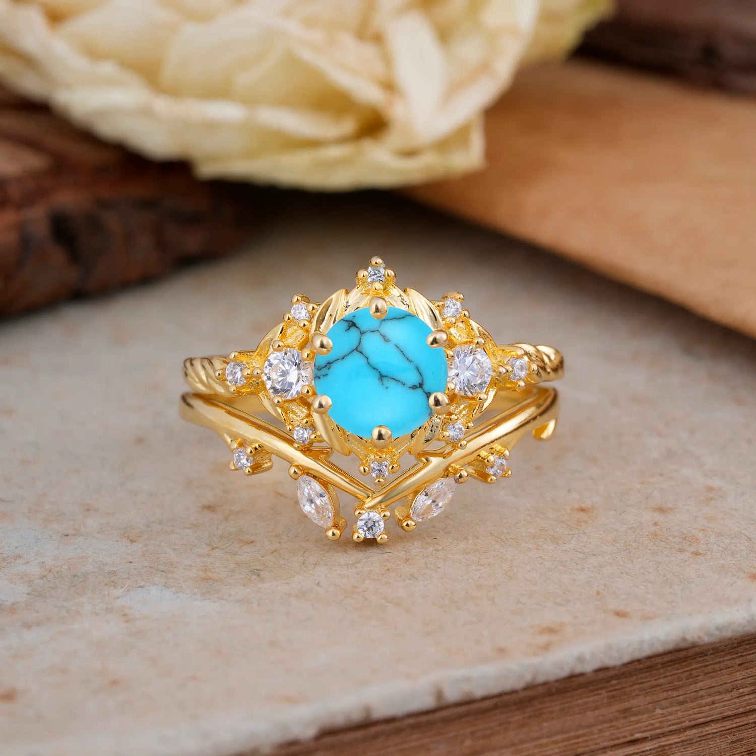 Fashion-Exquisite 6-Prong Round-Cut Turquoise Bridal Ring Set