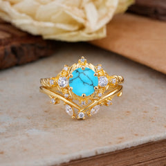 Fashion-Exquisite 6-Prong Round-Cut Turquoise Engagement Ring Set