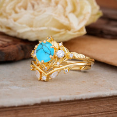 Fashion-Exquisite 6-Prong Round-Cut Turquoise Engagement Ring Set