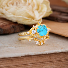 Fashion-Exquisite 6-Prong Round-Cut Turquoise Engagement Ring Set