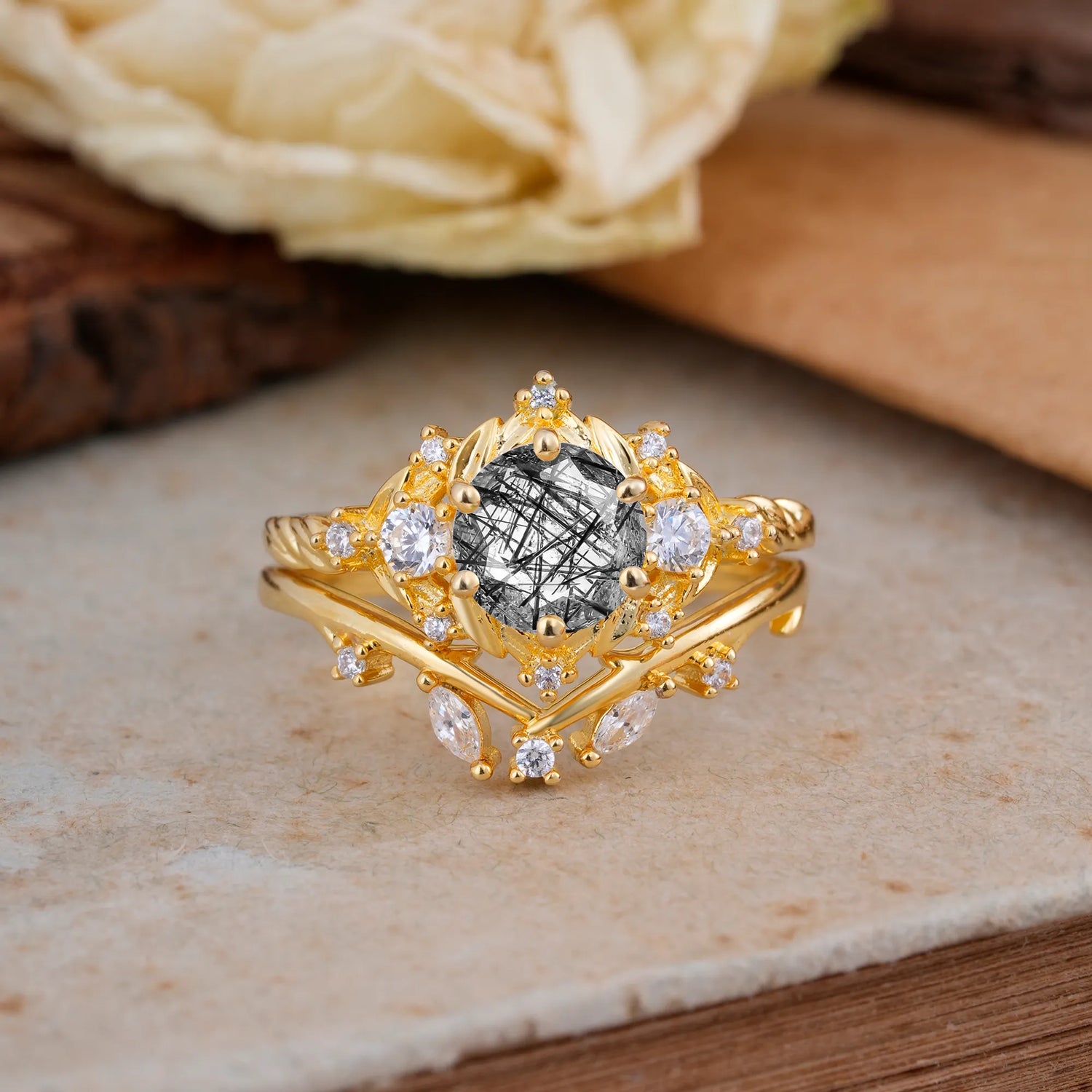 Fashion-Exquisite 6-Prong Round-Cut Natural Black Rutilated Quartz Bridal Ring Set