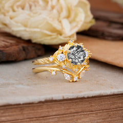 Fashion-Exquisite 6-Prong Round-Cut Natural Black Rutilated Quartz Engagement Ring Set