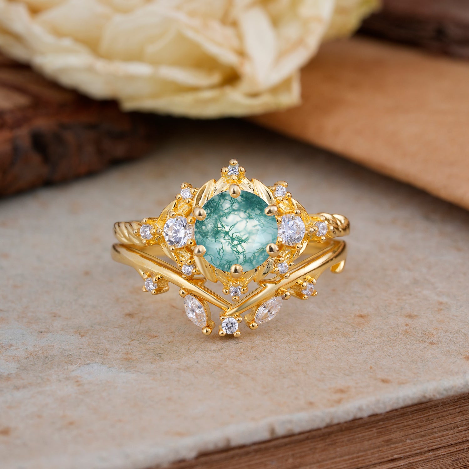 Fashion-Exquisite 6-Prong Round-Cut Natural Moss Agate Bridal Ring Set