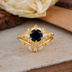 Fashion-Exquisite 6-Prong Round-Cut Natural Black Onyx Engagement Ring Set