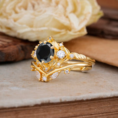 Fashion-Exquisite 6-Prong Round-Cut Natural Black Onyx Engagement Ring Set