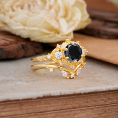 Fashion-Exquisite 6-Prong Round-Cut Natural Black Onyx Engagement Ring Set