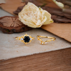 Fashion-Exquisite 6-Prong Round-Cut Natural Black Onyx Engagement Ring Set