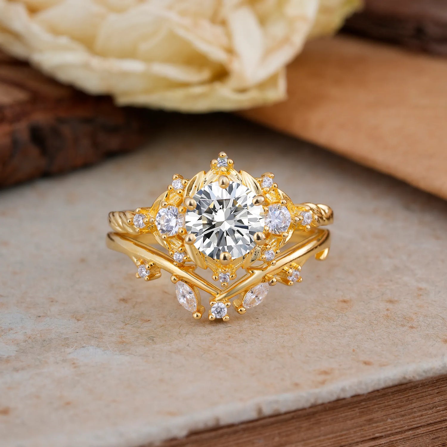 Fashion-Exquisite 6-Prong Round-Cut Lab Diamond Bridal Ring Set