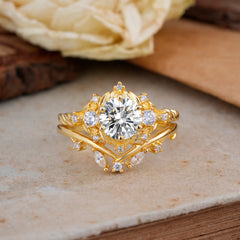 Fashion-Exquisite 6-Prong Round-Cut Lab Diamond Engagement Ring Set