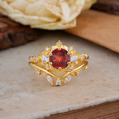 Fashion-Exquisite 6-Prong Round-Cut Natural Garnet Engagement Ring Set