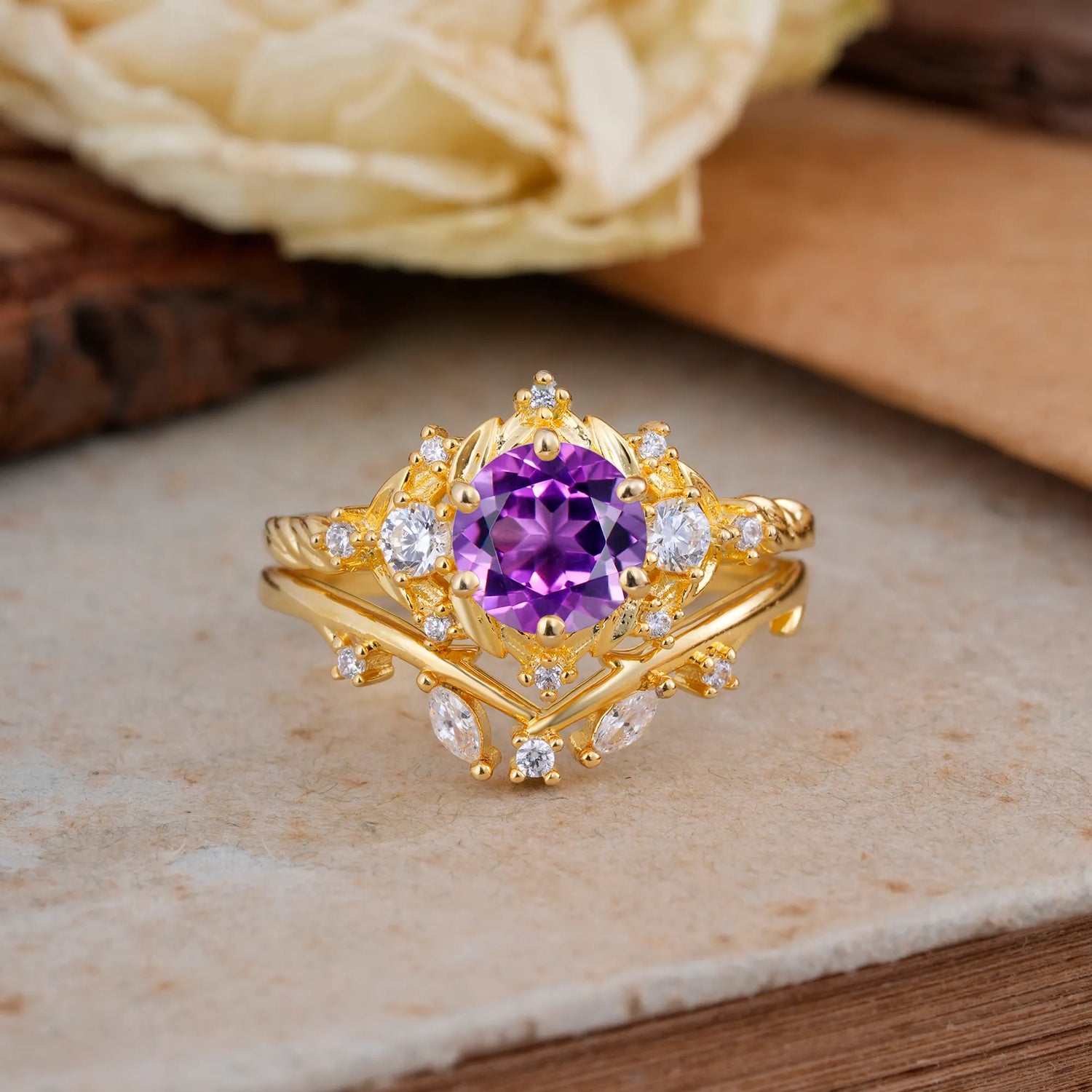 Fashion-Exquisite 6-Prong Round-Cut Natural Amethyst Bridal Ring Set