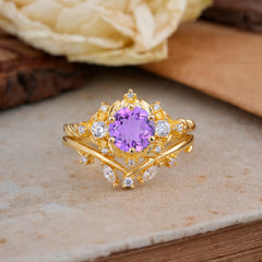 Fashion-Exquisite 6-Prong Round-Cut Natural Amethyst Engagement Ring Set