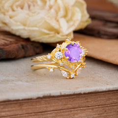 Fashion-Exquisite 6-Prong Round-Cut Natural Amethyst Engagement Ring Set