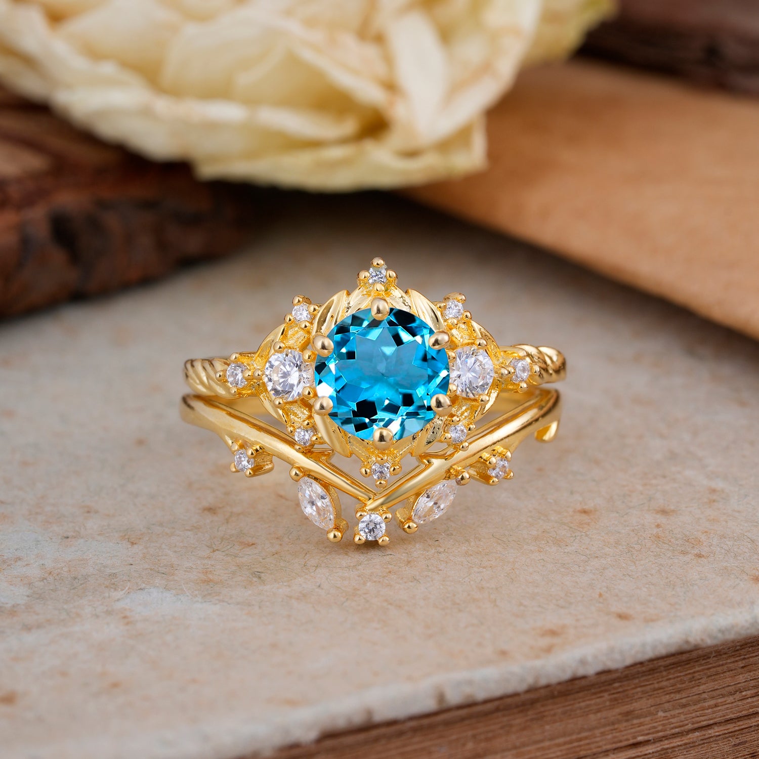 Fashion-Exquisite 6-Prong Round-Cut Aquamarine Bridal Ring Set
