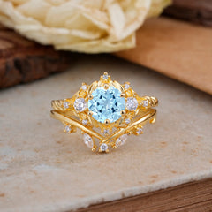 Fashion-Exquisite 6-Prong Round-Cut Aquamarine Engagement Ring Set