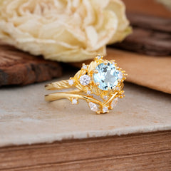 Fashion-Exquisite 6-Prong Round-Cut Aquamarine Engagement Ring Set
