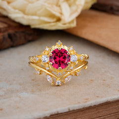Fashion-Exquisite 6-Prong Round-Cut Ruby Engagement Ring Set