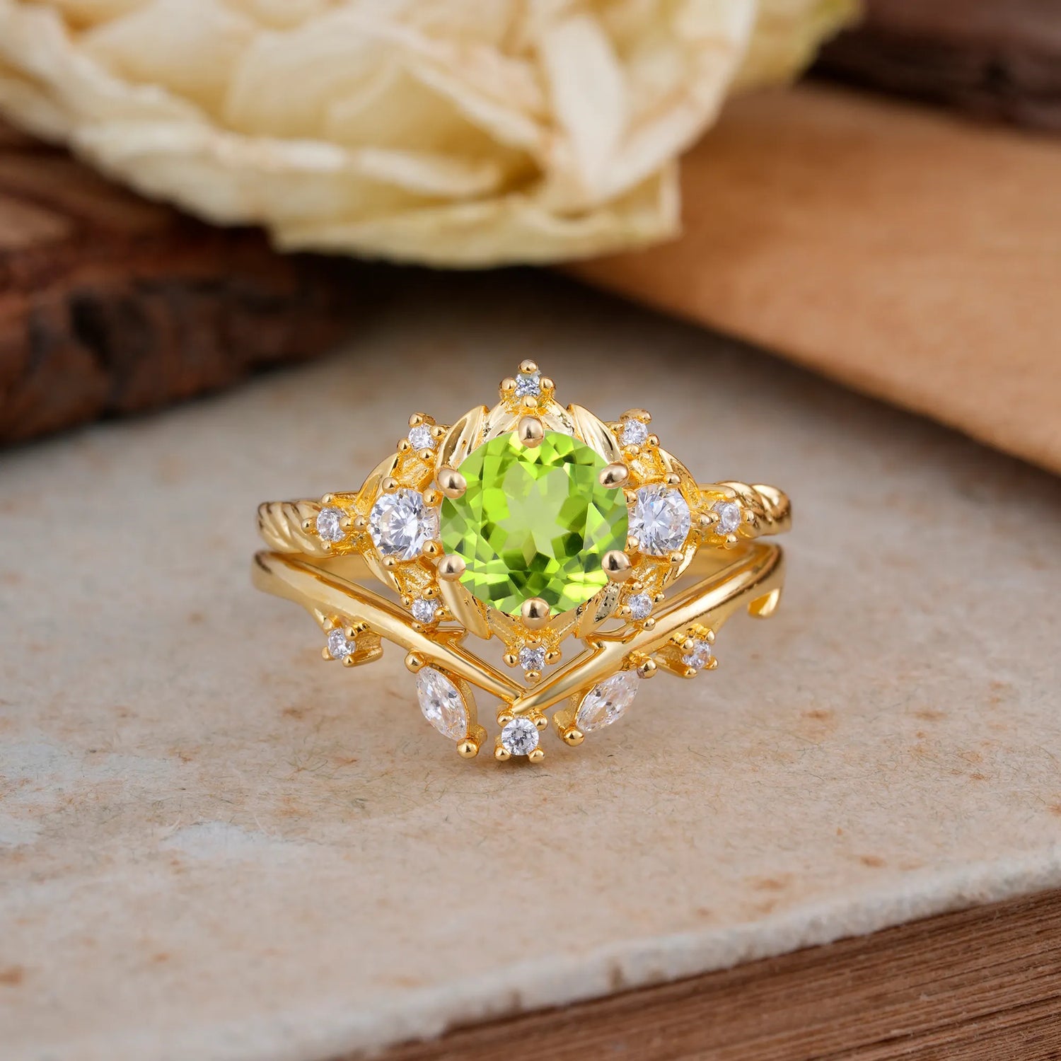 Fashion-Exquisite 6-Prong Round-Cut Natural Peridot Bridal Ring Set