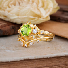 Fashion-Exquisite 6-Prong Round-Cut Natural Peridot Engagement Ring Set