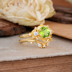 Fashion-Exquisite 6-Prong Round-Cut Natural Peridot Engagement Ring Set